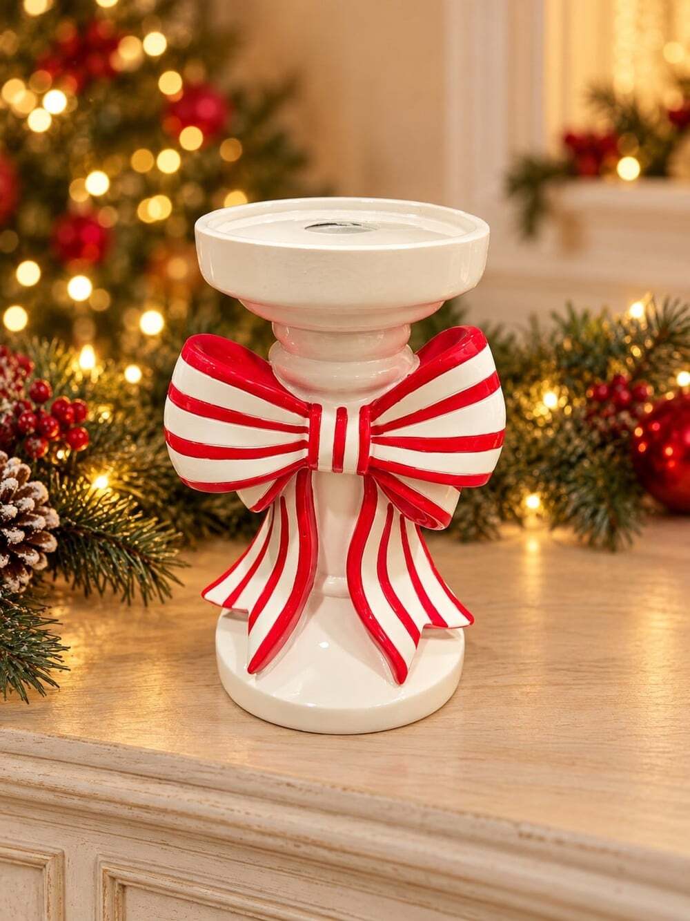 New Red / White Stripped Bow Cane Christmas Candle Holder Candle Stand Decor